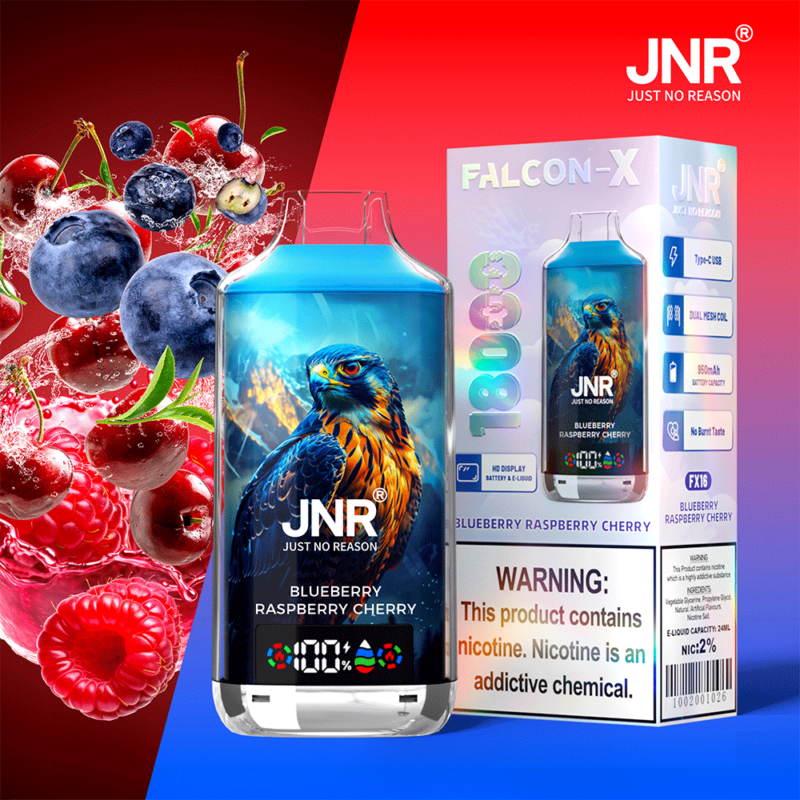Emballage de cigarette électronique de la marque JNR, présentant une saveur myrtille, framboise et cerise avec un motif d'aigle et un avertissement de nicotine bien visible.