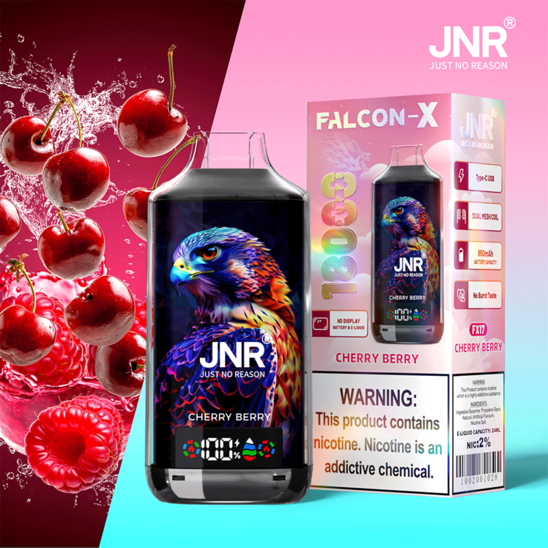 Emballage de produit de vapotage étiqueté « Cherry Berry » avec un dessin d'aigle et des images de cerises et de framboises. Comprend un avertissement sur la teneur en nicotine.