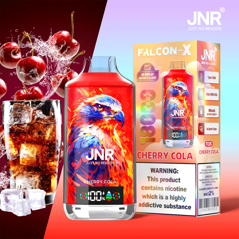 Image d'un produit de vapotage JNR Falcon-X Cherry Cola avec une illustration vibrante d'un aigle sur l'emballage, ainsi que des images de cerises et d'un verre de cola avec de la glace.