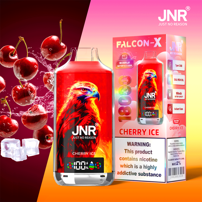Un emballage de vape dynamique avec une saveur de glace à la cerise, avec des cerises, des glaçons, une illustration d'aigle et des détails de marque.