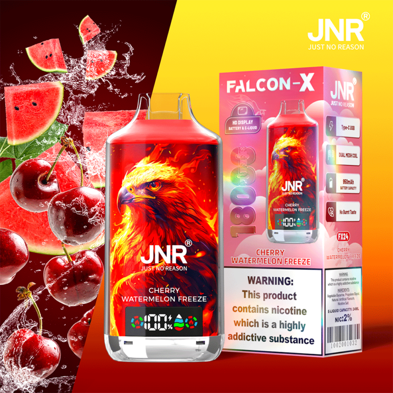 Un appareil de vapotage rouge vif avec un motif de phénix étiqueté « JNR Cherry Watermelon Freeze », à côté de son emballage coloré, comportant les détails du produit et un avertissement concernant la nicotine.