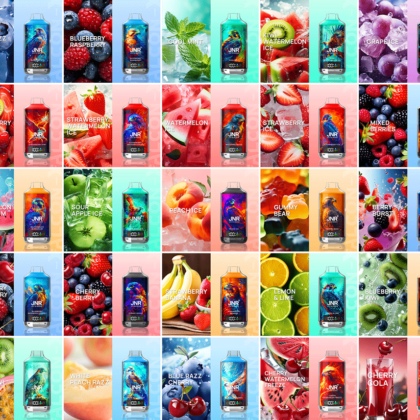 Rutnät av färgglada vape-juiceflaskor, var och en märkt med olika frukt- och godisaromer, åtföljda av motsvarande frukt- eller ingrediensbilder.