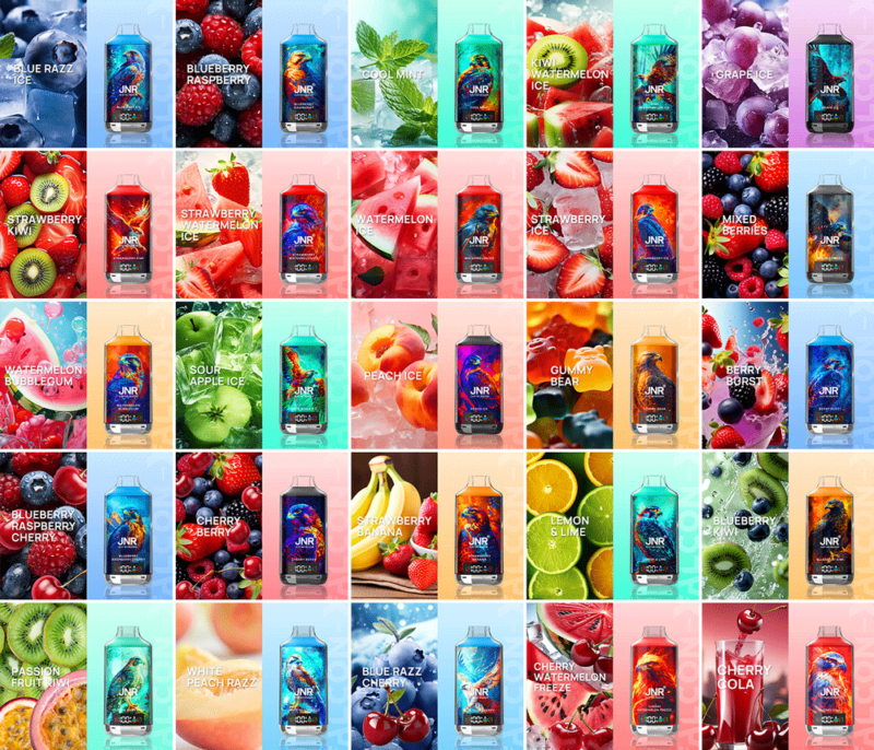 Grille de bouteilles de jus de vape colorées, chacune étiquetée avec différentes saveurs de fruits et de bonbons, accompagnées d'images de fruits ou d'ingrédients correspondantes.