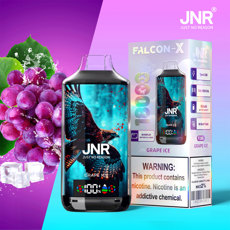 Emballage d'appareil de vapotage aromatisé à la glace au raisin avec des raisins violets et des glaçons en arrière-plan, comportant un motif de faucon et un avertissement de nicotine.