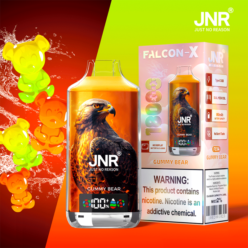 Vape jetable JNR Falcon-X au goût d'ourson en gélatine, avec un motif d'aigle sur l'appareil et l'emballage. Le texte d'avertissement indique que le produit contient de la nicotine, une substance chimique addictive.