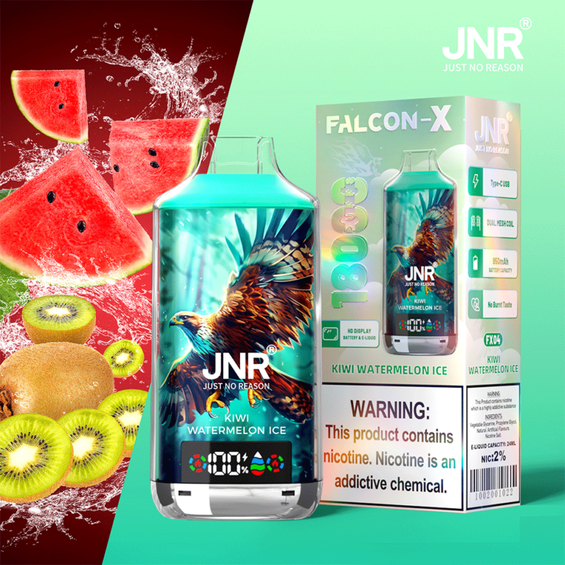 JNR Kiwi Watermelon Ice vape avec emballage, comportant des images audacieuses d'un aigle, de tranches de kiwi et de pastèque et des informations sur le produit.