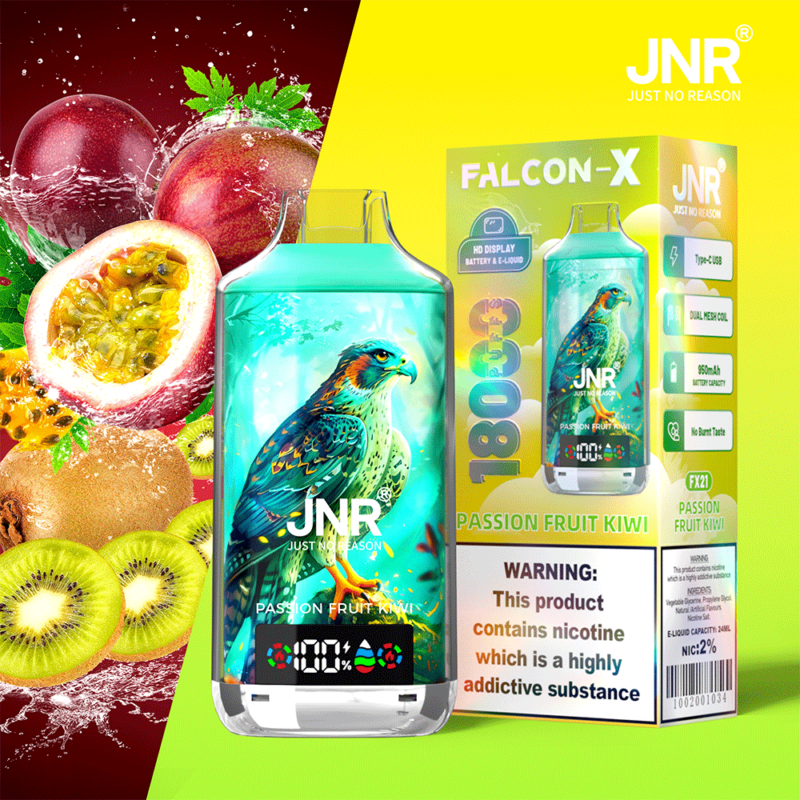 Coffret et flacon de vape JNR Falcon-X Passion Fruit Kiwi avec des illustrations de fruits et une étiquette d'avertissement sur la dépendance à la nicotine.