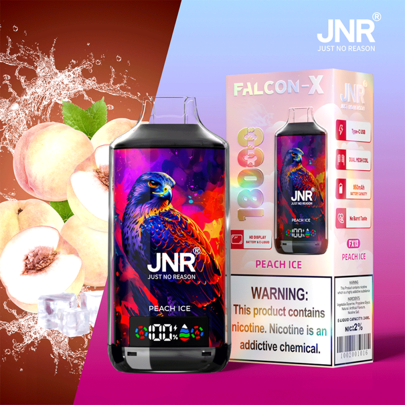 Emballage de vape JNR Falcon-X Peach Ice présentant un design de faucon coloré sur l'appareil, avec des pêches tranchées et des glaçons en arrière-plan.