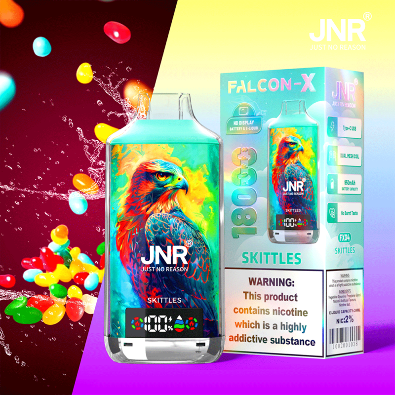 Appareil de vapotage JNR Falcon-X avec une illustration de faucon colorée, étiqueté saveur « Skittles », affichant 18 000 bouffées et un avertissement sur la dépendance à la nicotine.
