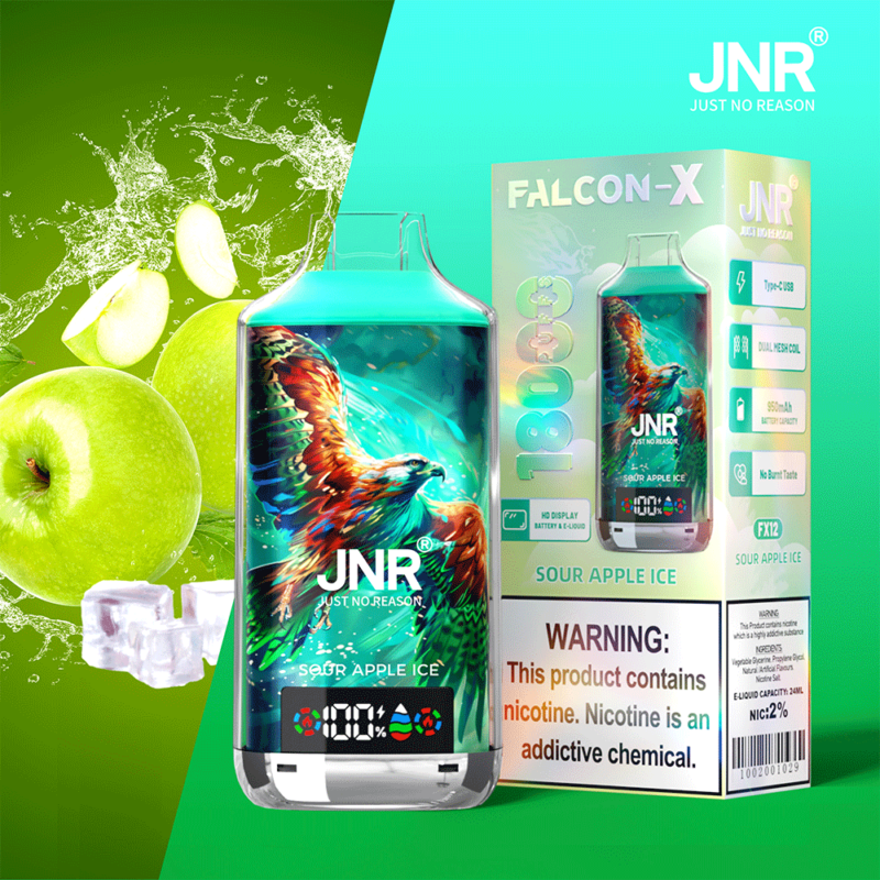 Appareil de vapotage JNR Falcon-X Sour Apple Ice avec images de pomme verte et de glace, comprenant 18 000 bouffées, une bobine à double maille et une batterie de 950 mAh ; étiquette d'avertissement de nicotine incluse.