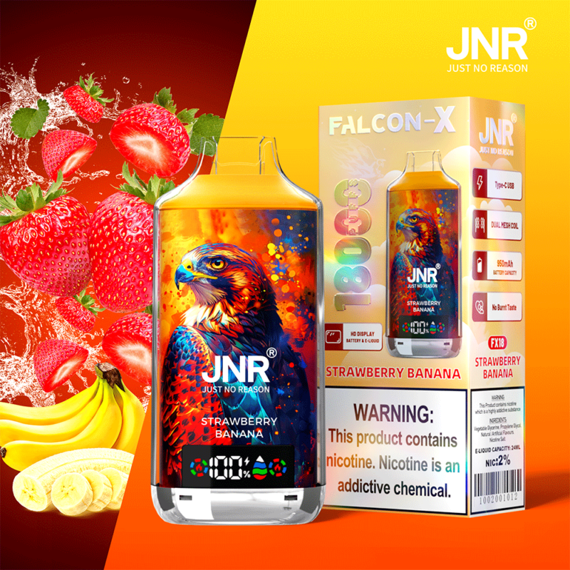 Un emballage de vape coloré avec une bouteille avec une illustration de faucon, étiquetée « JNR JUST NO REASON Strawberry Banana ». Entouré d'images de fraises et de bananes, avec un avertissement de nicotine sur la boîte.