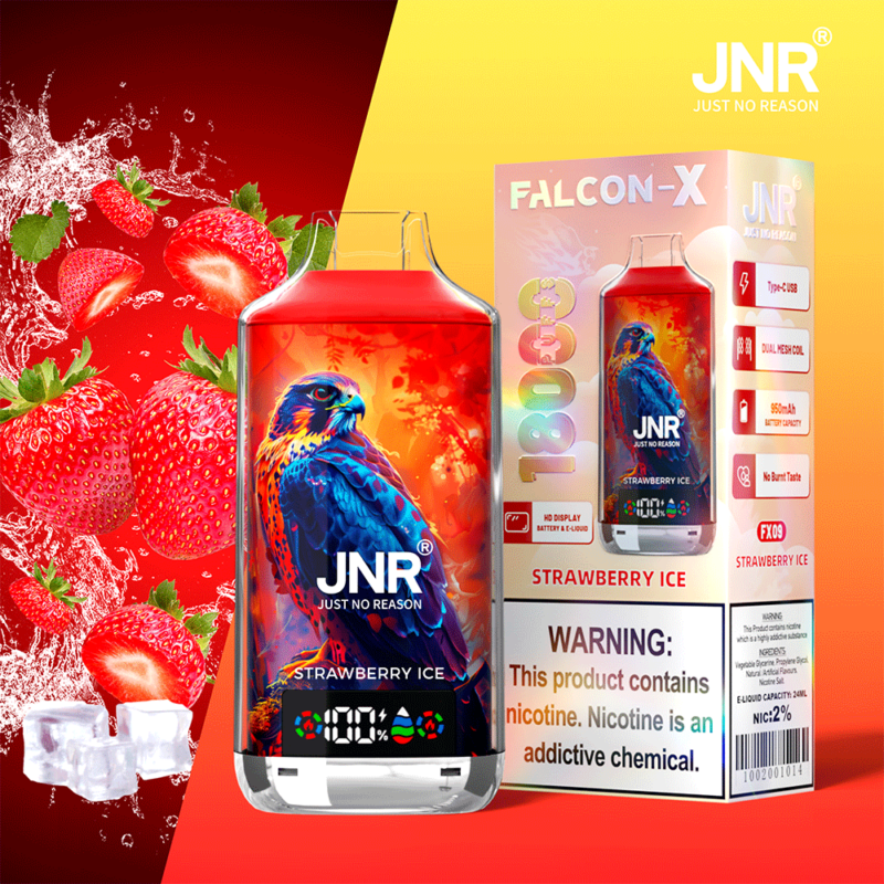 Vape JNR Falcon-X Strawberry Ice avec un design de faucon vibrant sur le flacon, entouré de fraises fraîches et de glaçons, mettant en valeur des caractéristiques clés telles que 18 000 bouffées, une batterie de 950 mAh, une bobine à double maille et une étiquette d'avertissement de nicotine.