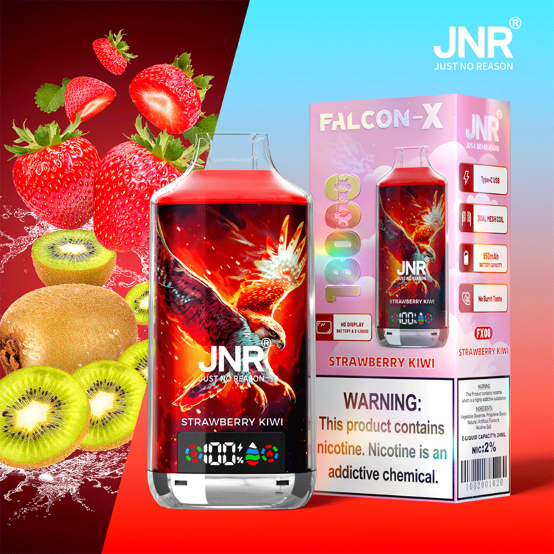 Emballage de cigarette électronique au goût de fraise et de kiwi, comportant une image d'oiseau ardent et des détails de marque, notamment un avertissement concernant la nicotine.