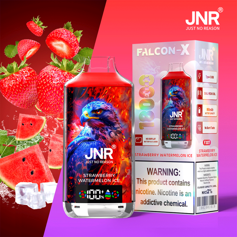 Un produit de vapotage présentant un design d'aigle coloré avec des saveurs de fraise et de glace à la pastèque, à côté de son emballage et de fruits tranchés pour illustration.