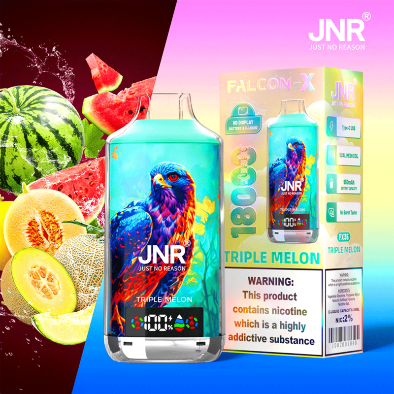 Appareil à vapotage et emballage au design de faucon vibrant, étiqueté « Triple Melon », avec des images de pastèque et de cantaloup, avertissement de nicotine inclus.