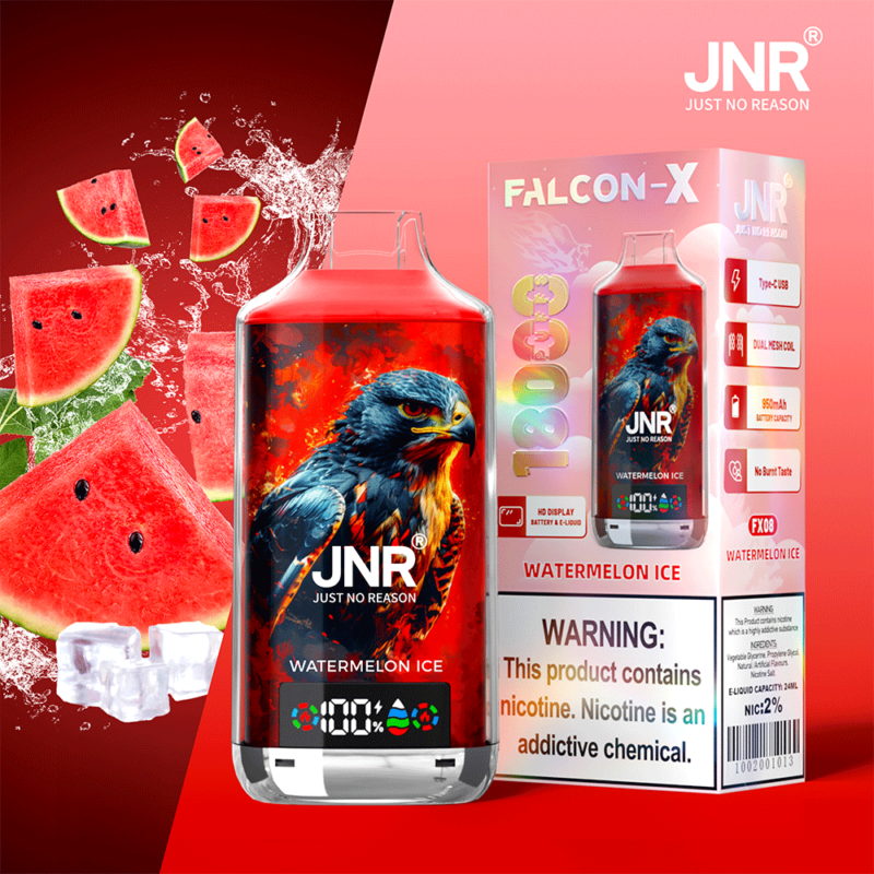 Emballage de cigarette électronique pour la marque JNR, saveur Watermelon Ice, présentant un motif de faucon et une étiquette d'avertissement sur la teneur en nicotine.