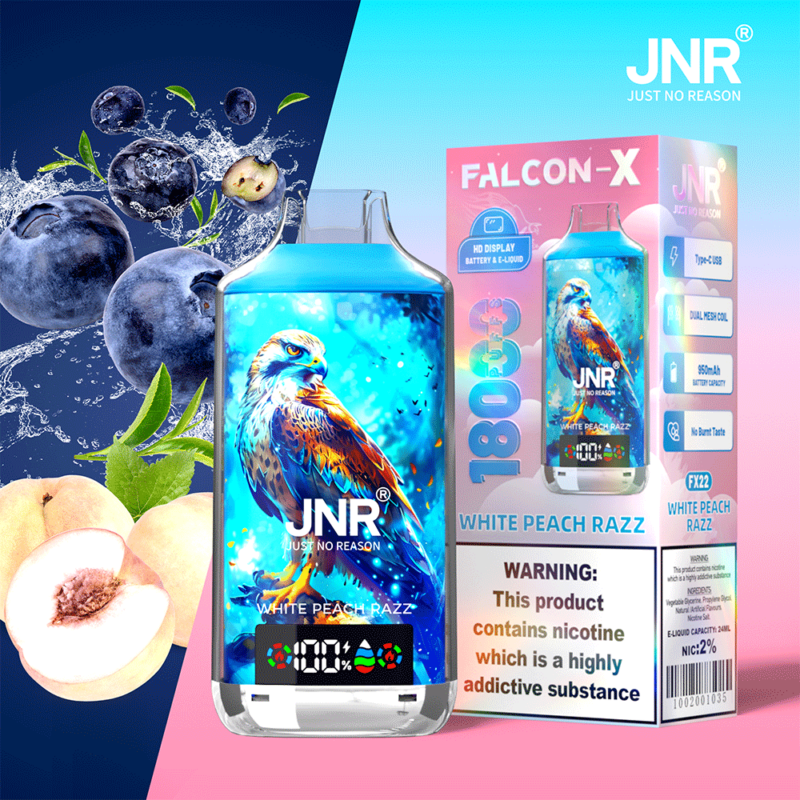 Texte alternatif : « Emballage de vape JNR Falcon-X avec image d'un oiseau, de myrtilles et de pêches. »