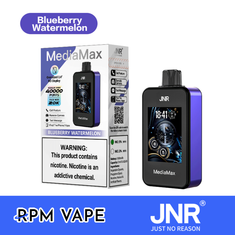 JNR MediaMax vape-enhetsförpackning och produkt, med en 2,4" HD-skärm med blåbärsvattenmelonsmak. Lådan framhäver 40 000 puffar och nikotinalternativ av 5% eller 2%. Varningar om nikotinberoende visas.