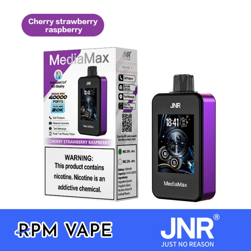 JNR MediaMax vape-enhet med en låda märkt "Cherry Strawberry Raspberry"-smak, med 40 000 puffar, överdimensionerad 2,4-tumsskärm och olika funktioner som fjärrkamera och textmeddelanden. Varning: innehåller nikotin.