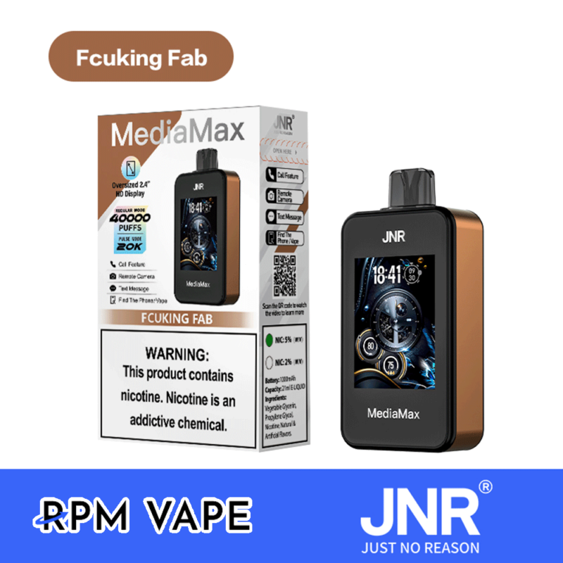 Förpackning och produktbild av JNR MediaMax vape-enhet med en överdimensionerad 2,4-tums HD-skärm, 40 000 blosskapacitet och ytterligare funktioner som samtalsfunktion, fjärrkamera och textmeddelanden. Varningar om nikotinhalt visas.