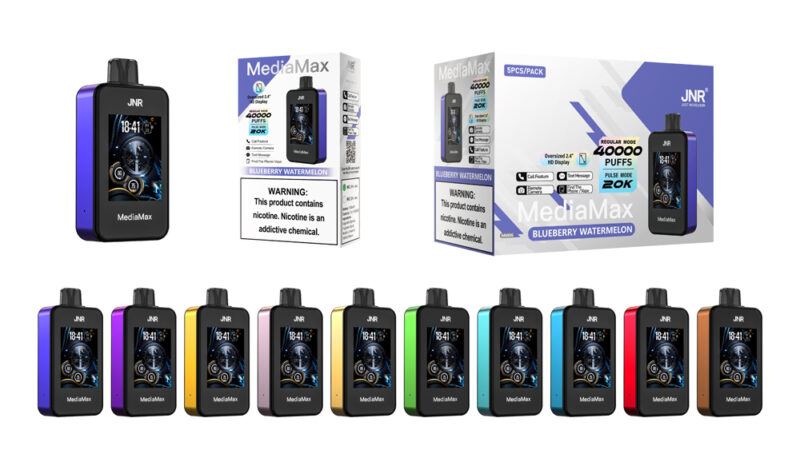 Bild på MediaMax vape-enheter från JNR med digital display. Enheterna visas i olika färger under ett paket märkt "Blåbärsvattenmelon" med funktioner inklusive 40 000 puffar, överdimensionerad 2,4" HD-skärm och nikotinvarning.