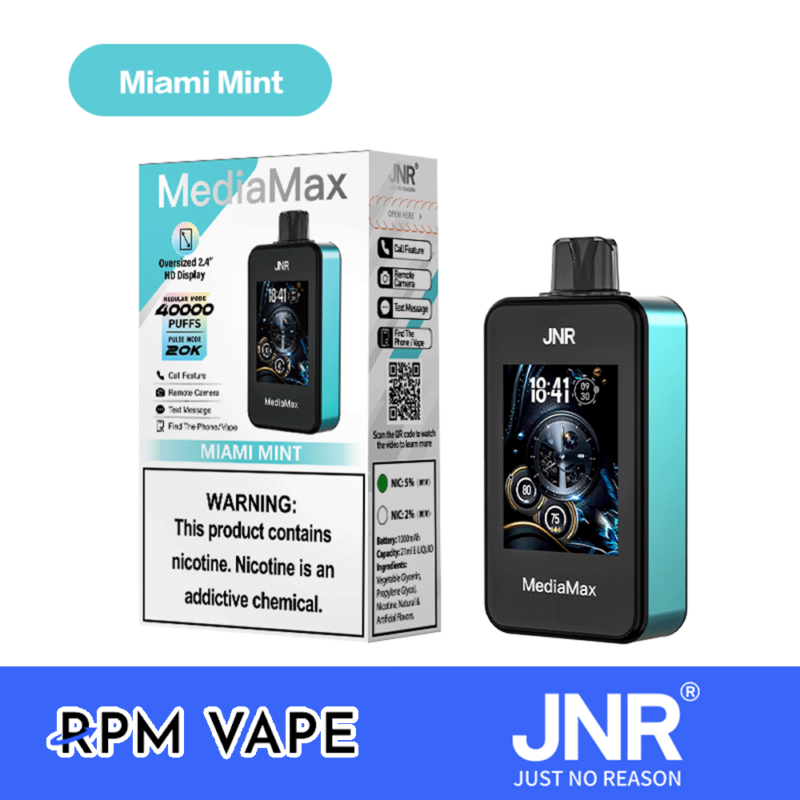 JNR MediaMax 40000Puffs RPM vape-enhet i Miami Mint-smak med en stor HD-skärm som erbjuder 40 000 puffar, fjärrkamera, samtal och textmeddelandefunktioner. Inkluderar en nikotinvarning.