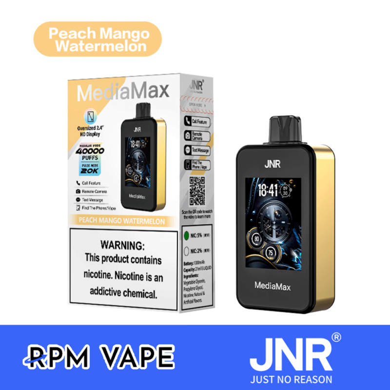 JNR MediaMax vape-enhet med persika mango vattenmelon smak, med en HD-skärm och 40 000 puffar, tillsammans med förpackningar som innehåller produktdetaljer och en nikotinvarningsetikett.