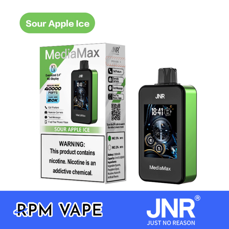 JNR MediaMax Sour Apple Ice vapebox och enhet med en stor display, 40 000 puffar, nikotinalternativ och en hälsovarningsetikett.