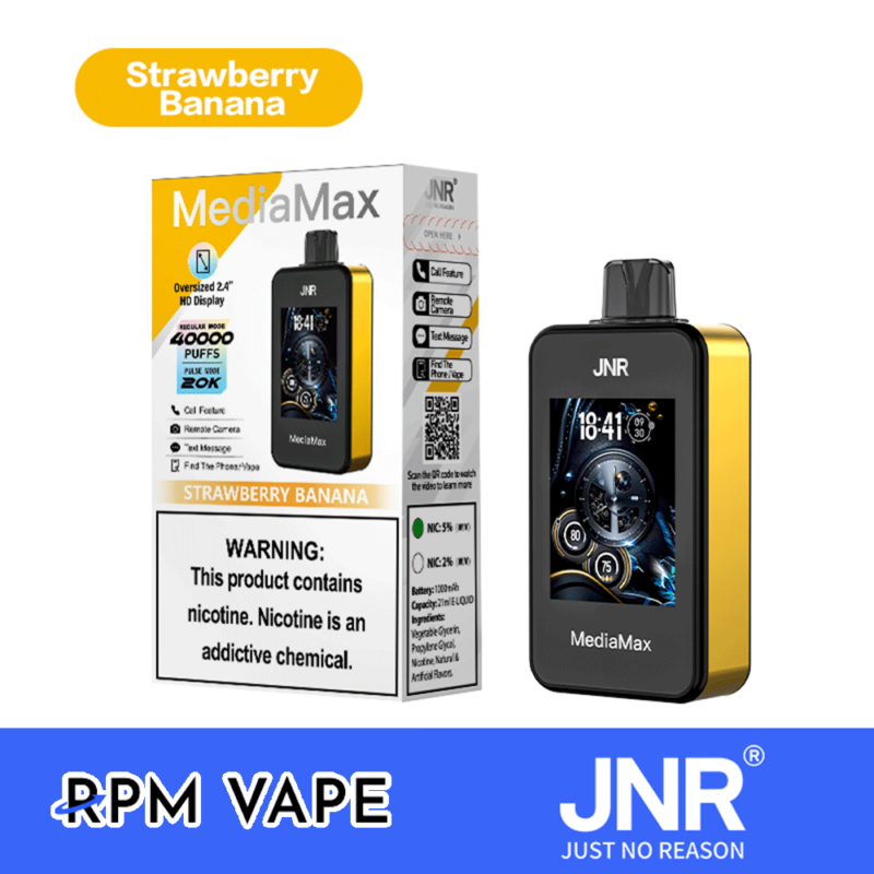 JNR MediaMax vape-enhet i jordgubbsbananasmak med 2,4" HD-skärm, 40 000 puffar och nikotinalternativ (5% och 2%). Funktioner inkluderar samtals-, kamera- och textmeddelandefunktioner.