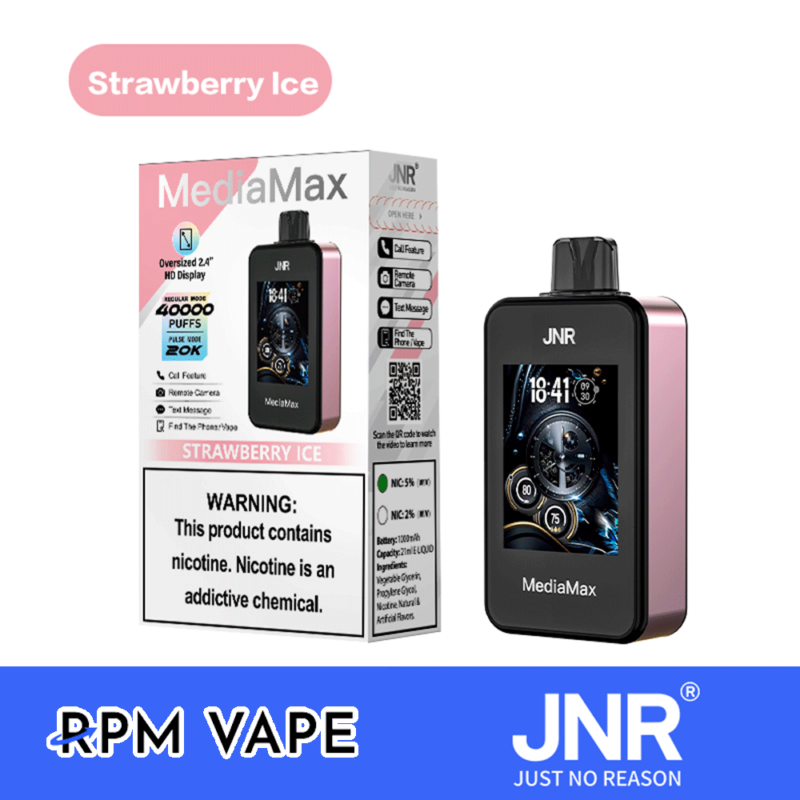 "JNR MediaMax vape-enhet i Strawberry Ice-smak med 2,4-tums HD-skärm, som visar produktbox och enhetsfunktioner inklusive samtal, kamera och textmeddelandefunktioner."