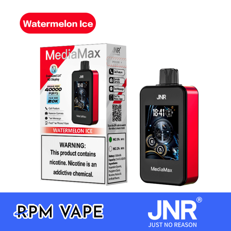 JNR MediaMax vape-enhet i Watermelon Ice-smak med 40 000 blosskapacitet, 2,4" HD-skärm och smartphoneliknande funktioner, inklusive samtals-, kamerafjärr- och textmeddelandefunktioner.