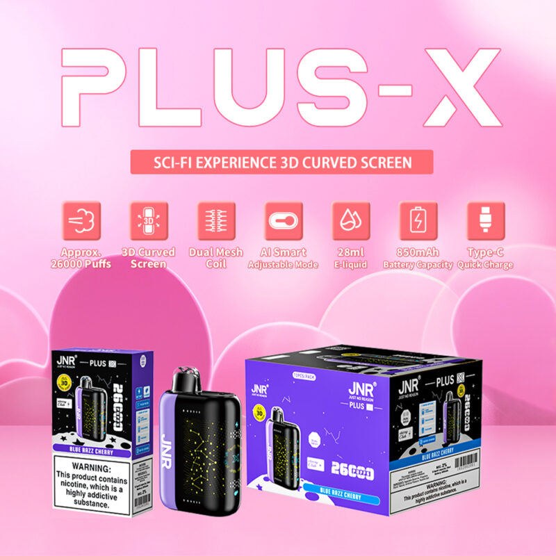 Promotional image for the JNR PLUS-X 26000 vape device featuring sci-fi themed design, 3D curved screen, dual mesh coil, AI smart adjustable mode, and packaging details.