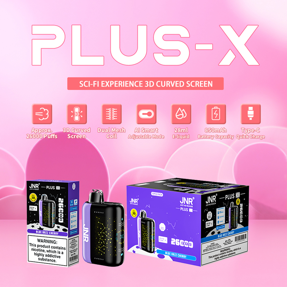 Kampanjbild för JNR PLUS-X 26000 vape-enheten med design med sci-fi-tema, 3D-böjd skärm, dubbel mesh-spole, AI-smart justerbart läge och förpackningsdetaljer.