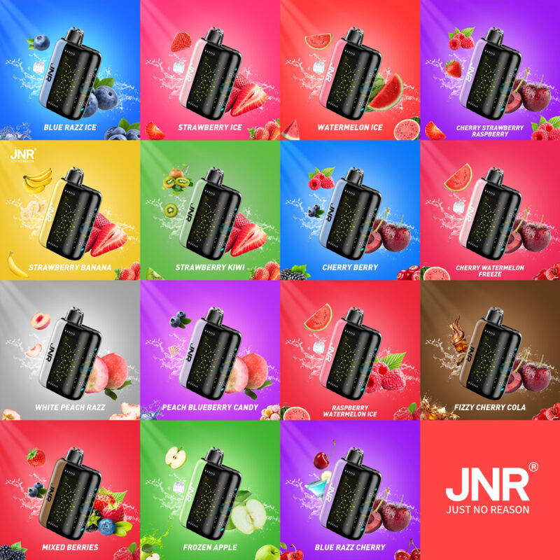 Grid of JNR vape devices with various fruit flavors, each against a colorful background.