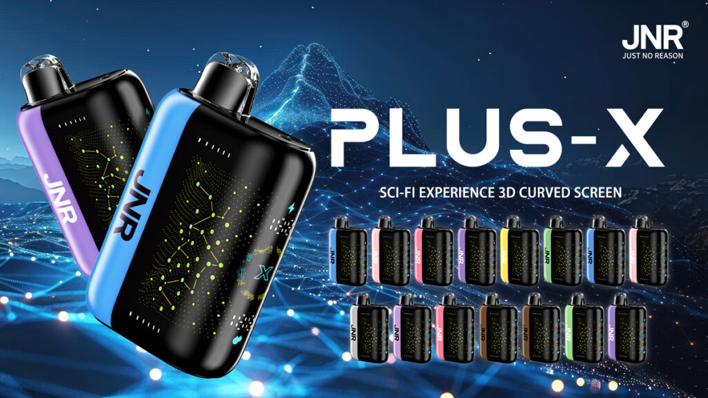 Prodotti JNR PLUS-X con schermo curvo 3D a tema fantascientifico, esposti in vari colori su uno sfondo futuristico.