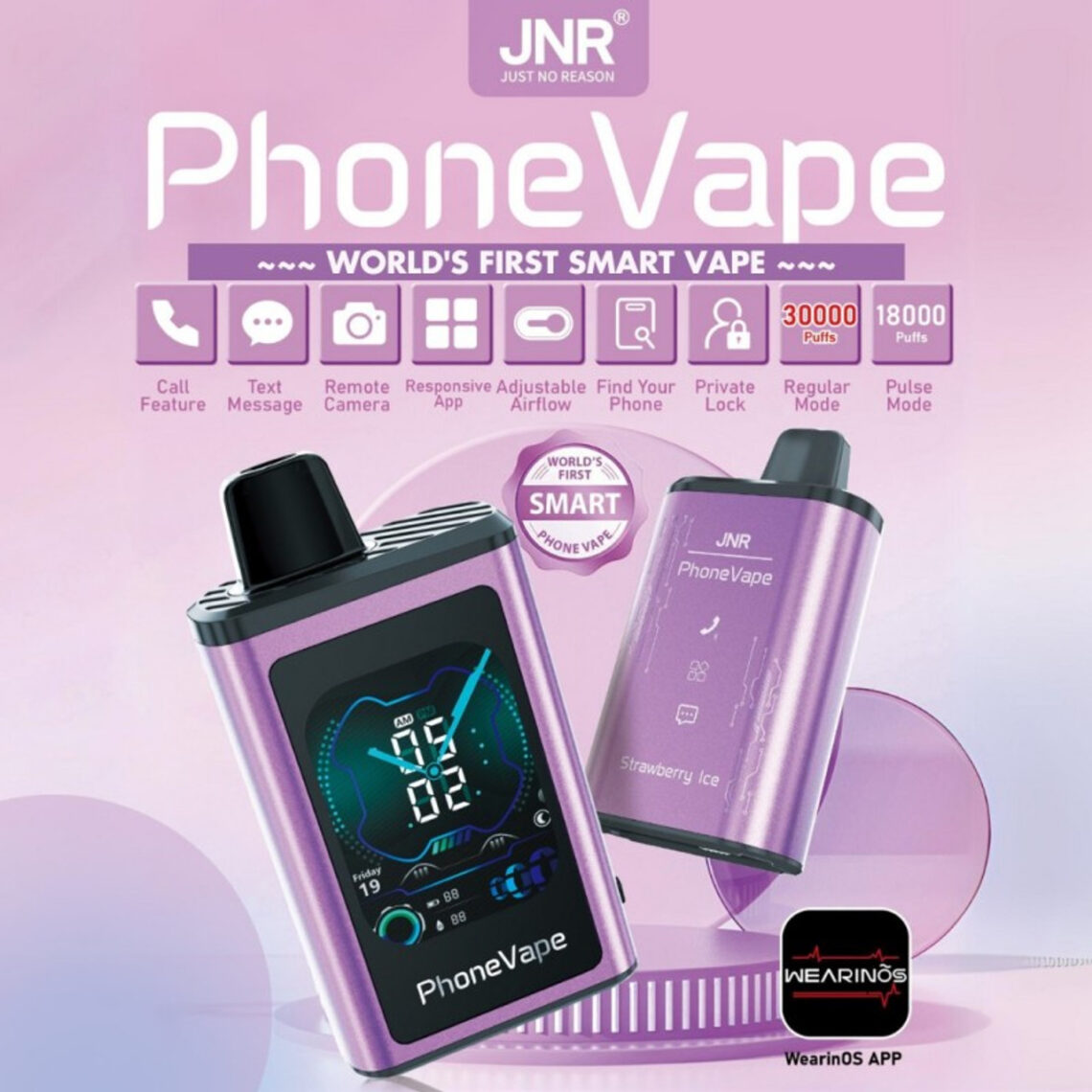 JNR PhoneVape 30000-reklam med en lila smart vape-enhet med en digital display. Den visar upp olika funktioner som samtal, text, fjärrkamera, justerbart luftflöde och mer, med anspråk på "världens första smarta vape". Produkten använder WearinOS och erbjuder upp till 30 000 bloss.