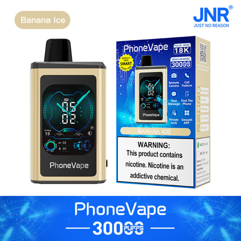 PhoneVape disposable vape in Banana Ice flavor, featuring a phone-like design with a digital display and 30000 puffs capacity.