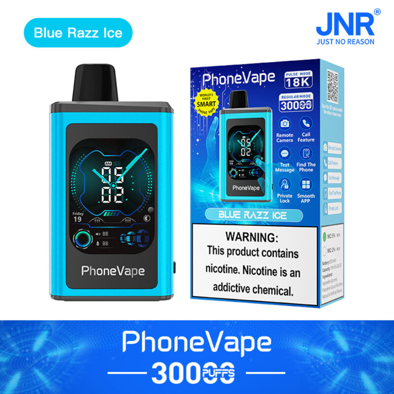 PhoneVape 30000 puffs Blue Razz Ice vape device, shown in blue with a digital display resembling a smartphone interface. The packaging highlights features like remote camera, call feature, and text message notifications. Warning label states nicotine content.