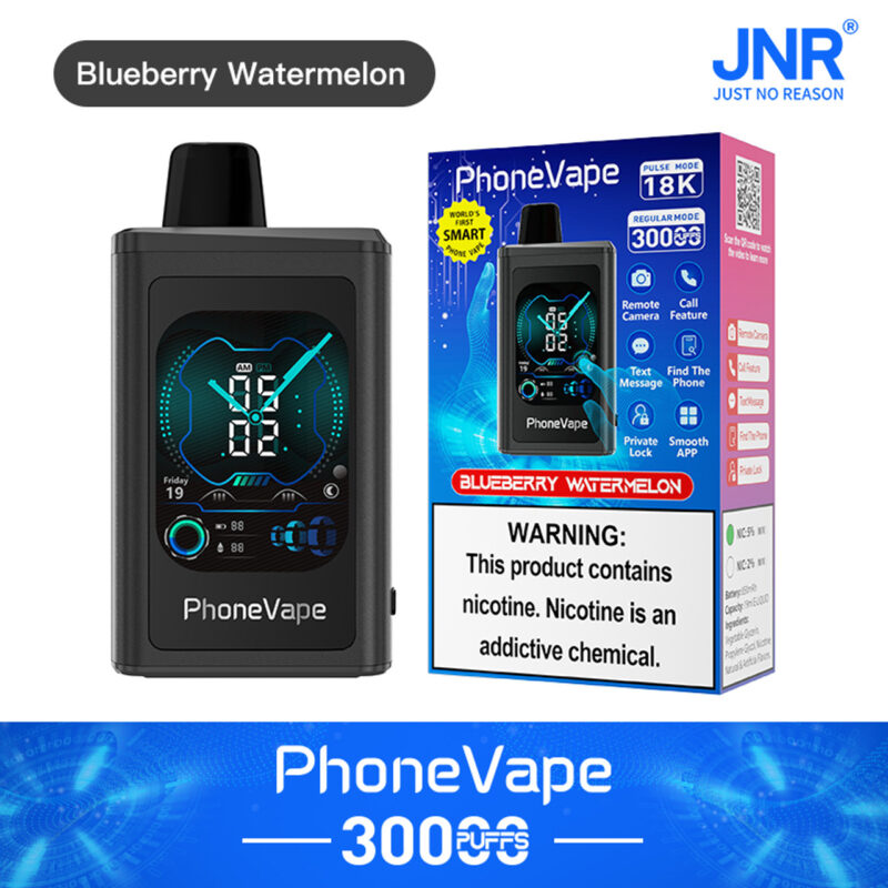PhoneVape 30000 puffs disposable vape device in Blueberry Watermelon flavor with digital clock display, remote camera, call feature, and other smart functions. Packaging warns of nicotine content. Brand: JNR (Just No Reason).