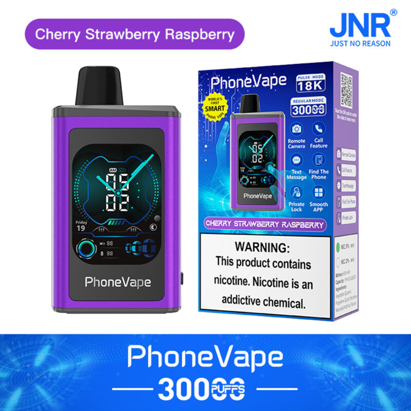 PhoneVape device in purple with a digital clock display, offering 30000 puffs in "Cherry Strawberry Raspberry" flavor. Box includes product features such as remote camera, call, text, private lock, and nicotine warning. Brand: JNR.