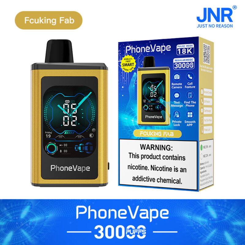 "PhoneVape 30000 puffs device with smart features including remote camera, call function, text messaging, and private lock. Includes nicotine warning label and gold design."