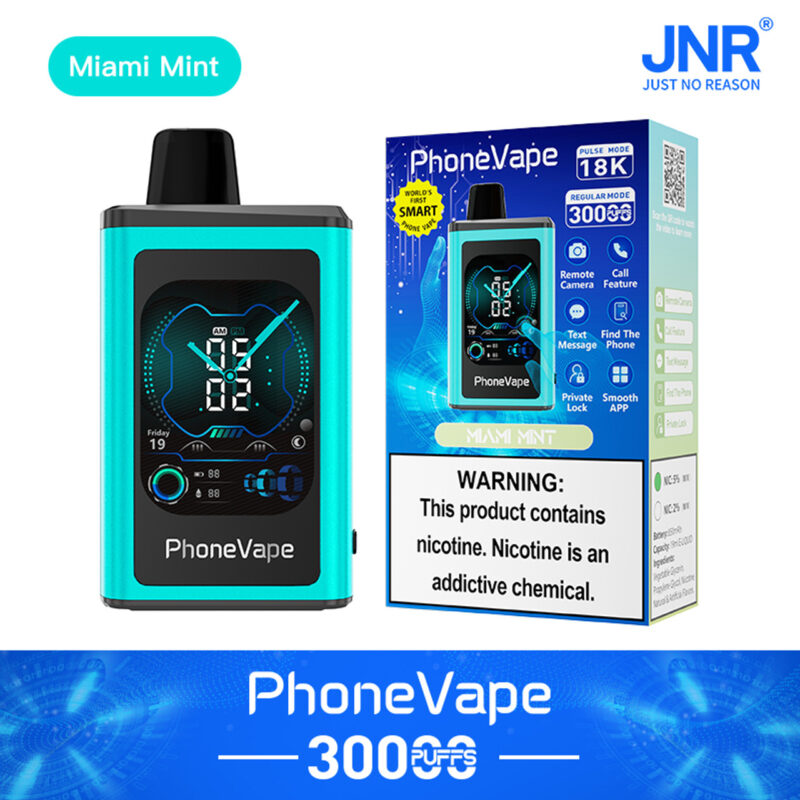 PhoneVape device in Miami Mint color with a digital clock display, remote camera, call and text features, and 30000 puffs. Box packaging includes health warning about nicotine. Brand: JNR "Just No Reason."