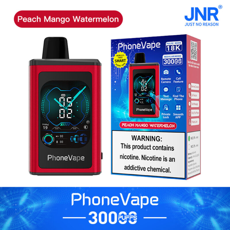 PhoneVape 30000 puffs device in red, labeled as "Peach Mango Watermelon" flavor, with packaging showcasing features like remote camera, call and text message functionality, and smooth app control. Warning label mentions nicotine content.