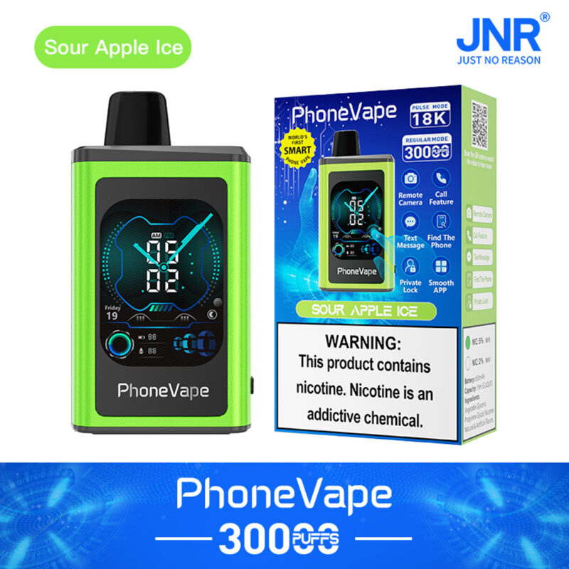 PhoneVape Sour Apple Ice vape device and packaging featuring 30000 puffs, nicotine warning, and smart features like remote camera, text message, and private lock.