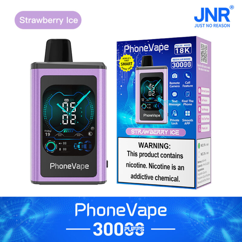 PhoneVape device in purple, labeled "Strawberry Ice," featuring a digital display resembling a smartphone. The packaging highlights features such as 18K puffs, remote camera, call function, text messaging, and private lock. Warning label states the product contains nicotine.