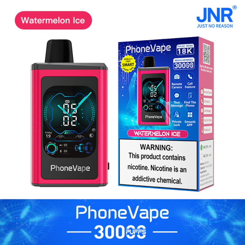 "PhoneVape Watermelon Ice 30000 puffs vape device with smart features, including remote camera, call and message options, shown in red color with packaging displaying product details and nicotine warning."