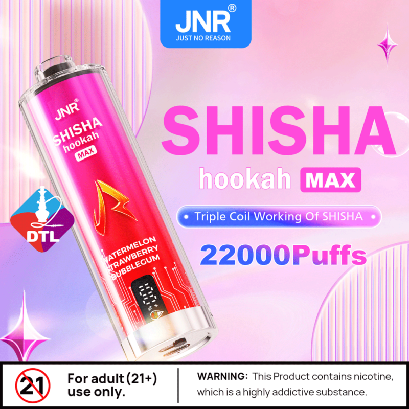 JNR Shisha Hookah Max 22000 Puffs con dispositivo rosa e rosso, che mette in risalto i gusti anguria, fragola e gomma da masticare, con un avviso per adulti di età superiore ai 21 anni e un avviso sulla nicotina.