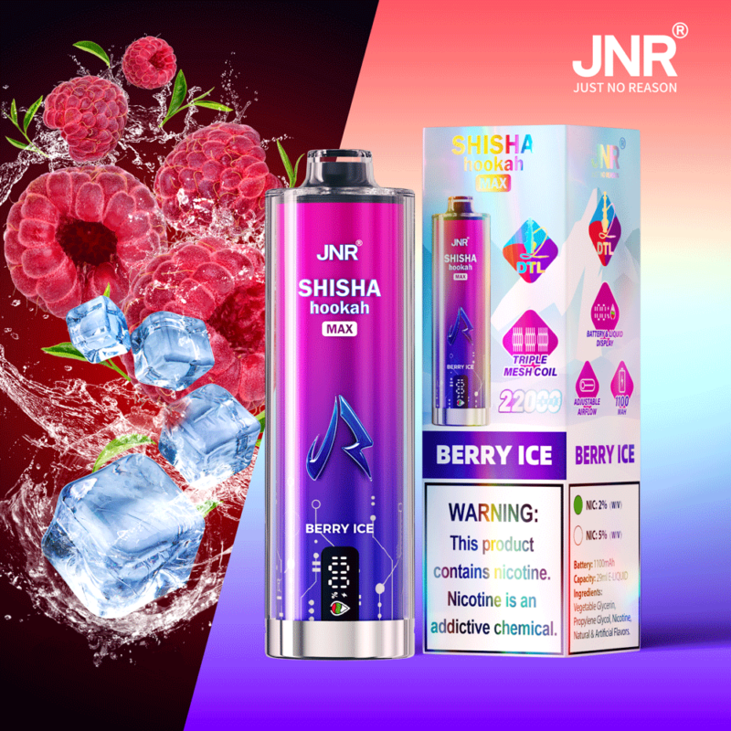 Immagine di un prodotto per lo svapo JNR Shisha Hookah Max al gusto Berry Ice, con lamponi e cubetti di ghiaccio sullo sfondo, e dettagli sulla confezione, tra cui avvertenze sulla nicotina e specifiche del prodotto.