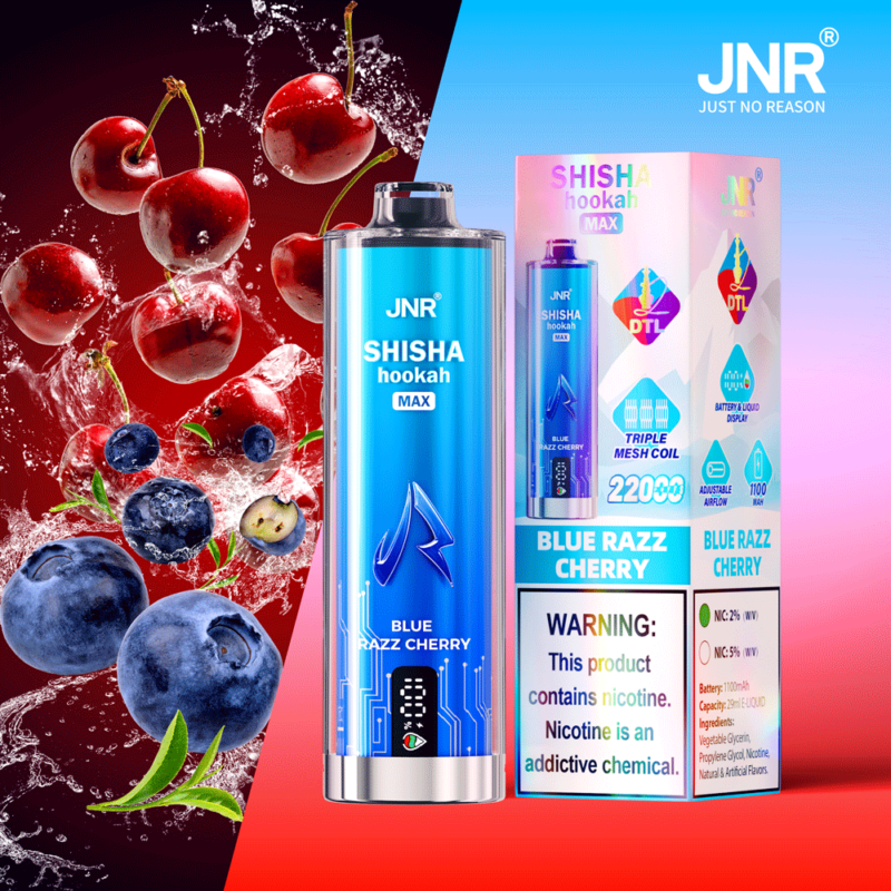 Confezione di JNR Shisha Hookah Max al gusto Blue Razz Cherry con immagini di ciliegie e mirtilli.