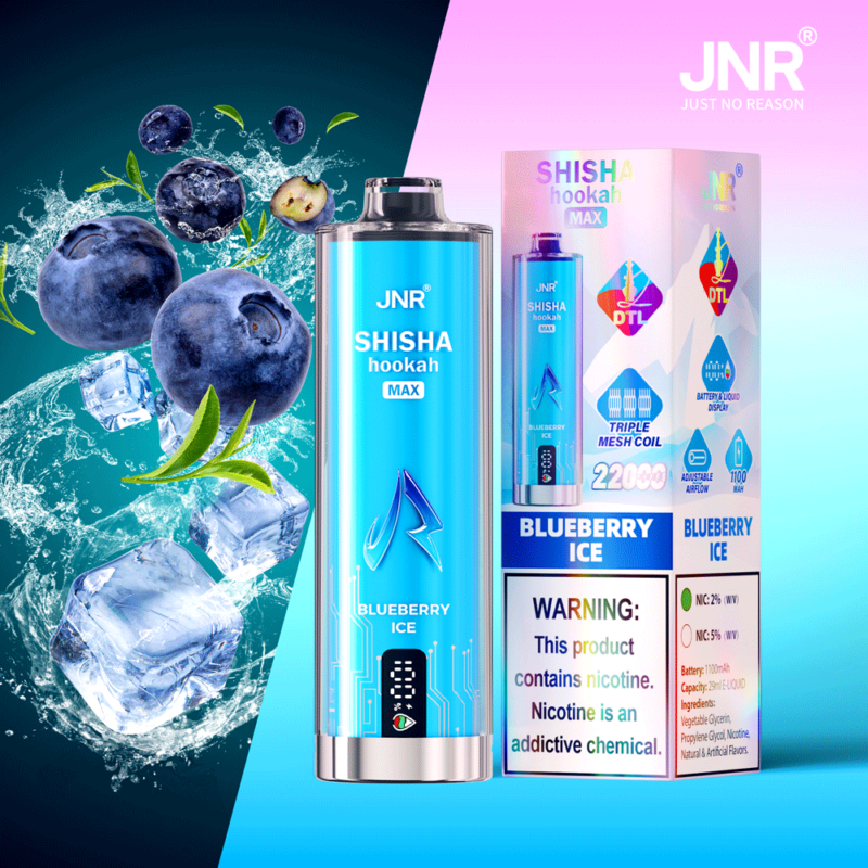 Un dispositivo per svapare JNR Shisha Hookah Max e la relativa confezione, caratterizzato da un aroma di mirtillo ghiacciato con immagini di mirtilli, cubetti di ghiaccio e un'avvertenza sul contenuto di nicotina.